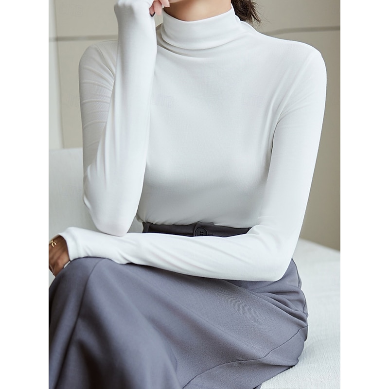 Women's Blouse Solid Color Elegant Stylish Basic Long Sleeve Turtleneck Regular Tops Daily Black White Pink Brown Beige Spring Fall Winter3