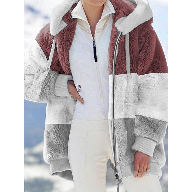 Women's Fleece Jacket Teddy Coat Hoodie Jacket Warm Breathable Zipper Pocket Color Block Fleece Lined Casual Stripe Vacation Street Daily Wear Going out Zipper Regular Hoodie Regular Fit Long Sleeve2