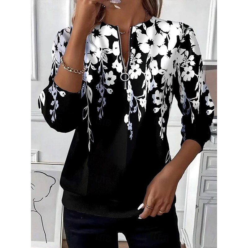Women's Pullover Sweatshirt Zip Up Sweatshirts Floral Graphic Fashion Casual Long Sleeve Crew Neck Round Neck Regular Tops Street Dailywear Patchwork Zipper Print Black Spring Fall Winter