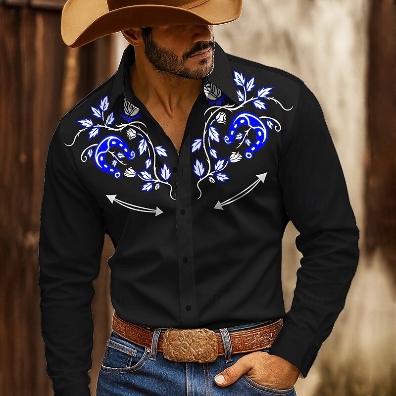 Men's Floral Print Horseshoe Flowers Shirt Western Shirt Button Up Shirt Long Sleeve Vintage Retro Outdoor Casual WorkWear Spring Fall Turndown 3D Print Collared Shirts Black / Green Black / Purple2