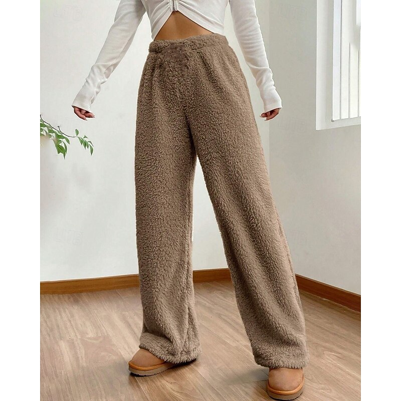 Women's Wide Leg Slacks Fashion Casual Full Length Mid Waist Plain Elastic Waist Thermal Warm Inelastic Stretchy Formal Vacation Street Light Gray Dark-Gray Camel Grey Winter Regular Fit Loose Fit4