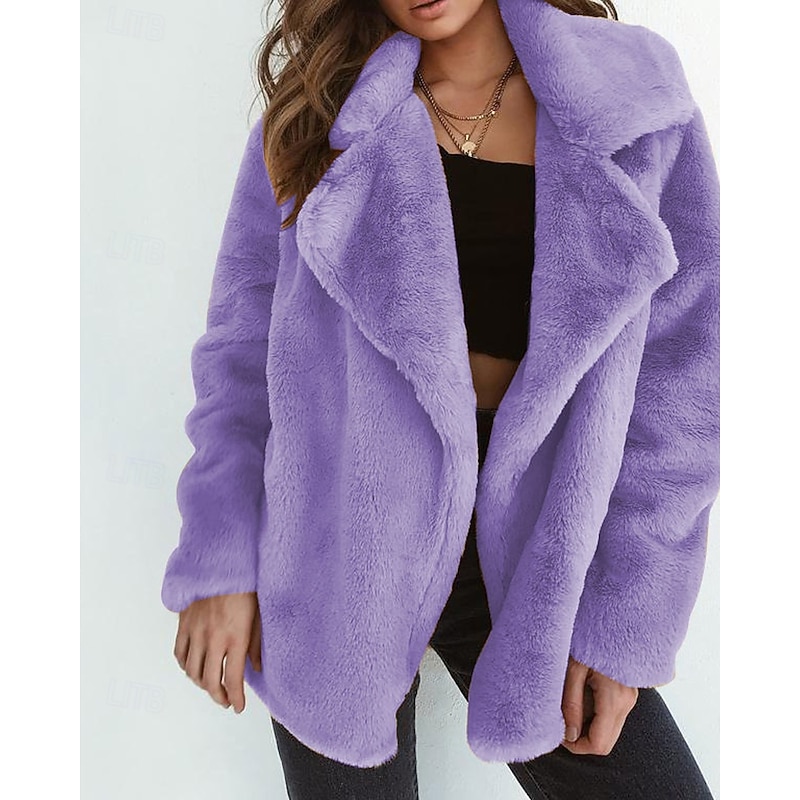 Women's Teddy Coat Faux Fur Coat Warm Comfortable Furs & Leathers Casual Plain Street Daily Wear Going out Weekend Regular Turndown Regular Fit Long Sleeve Outerwear Black White Purple Fall Winter