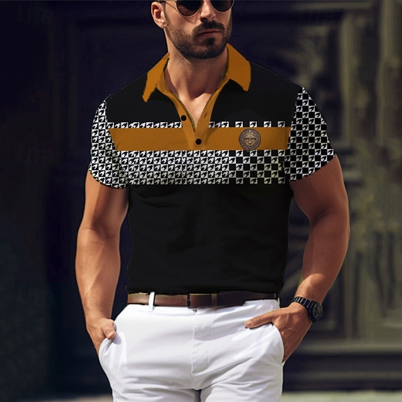 Men's Houndstooth Polo Shirts Golf Shirt Short Sleeve Polo Shirts Collared Shirts Business Casual WorkWear Formal Wear Festival Wear Buttons 3D Print Spring & Summer Yellow Red Blue3