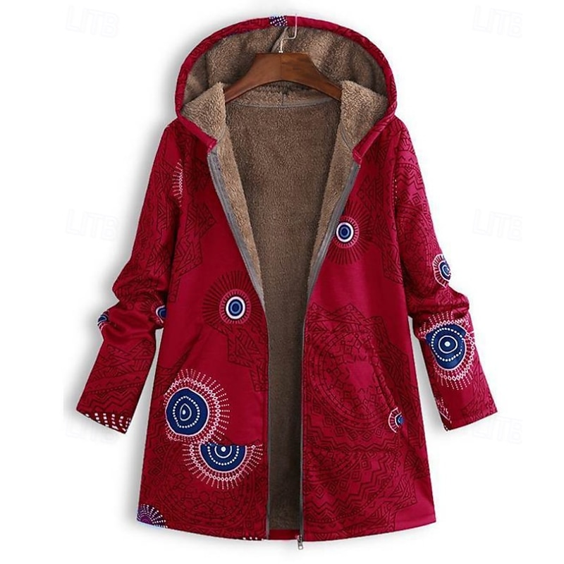 Women's Sherpa Jacket Casual Jacket Comfortable Breathable Print Casual Geometric Vacation Street Casual Daily Wear Open Front Regular Hooded Regular Fit Long Sleeve Outerwear Red Purple Green Spring4