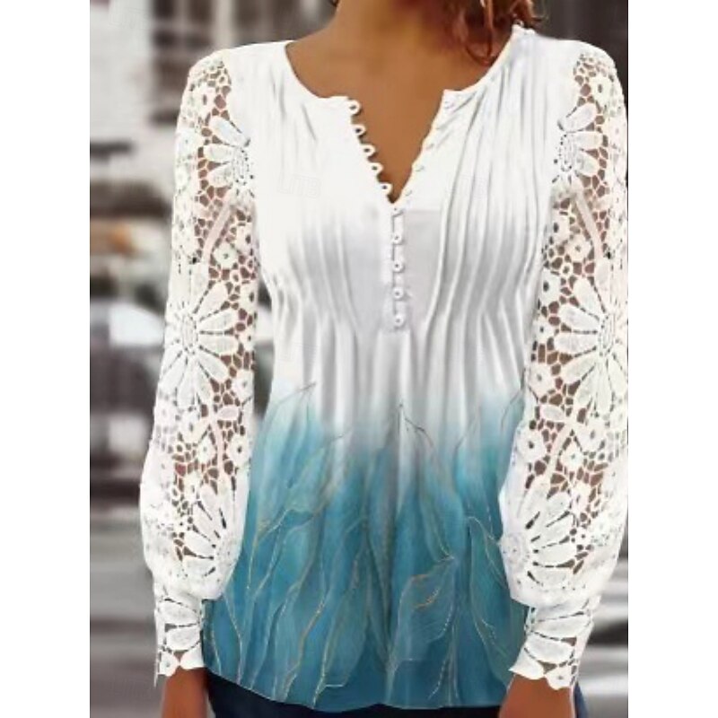 Women's Lace Shirt Blouse Floral Elegant Stylish Basic Long Sleeve V Neck Regular Tops Daily Lace Buttons Print White Blue Sky Blue Purple Spring Fall4