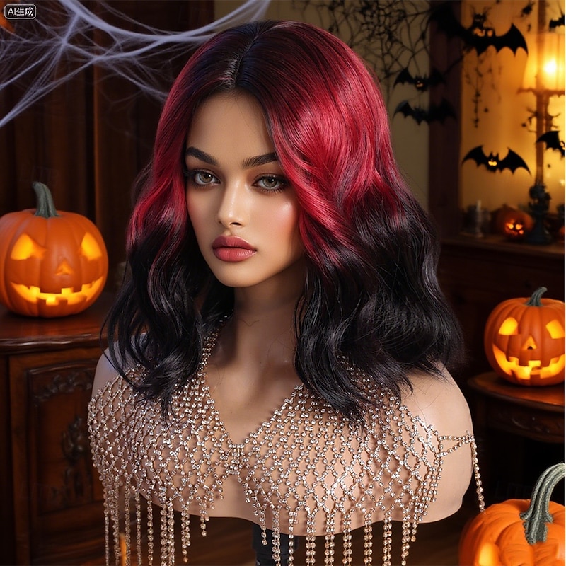 Synthetic Lace Wig Body Wave Style 14 inch Multi-color Middle Part U Part Wig Women's Wig Black / Red3