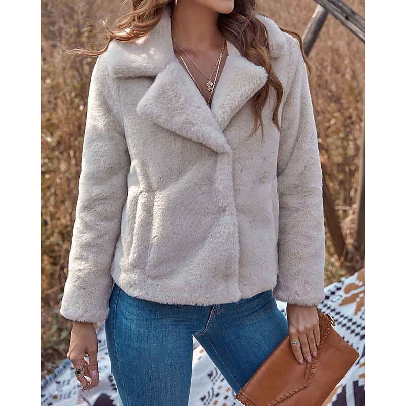 Women's Teddy Coat Faux Fur Coat Warm Comfortable Pocket Buttons Casual Plain Vacation Street Daily Wear Going out Regular Turndown Regular Fit Long Sleeve Outerwear Light Grey Fall Winter2