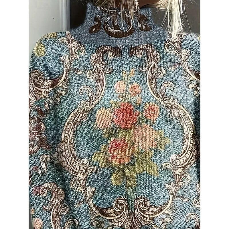 Women's Sweater Vintage Casual Soft Floral Graphic Paisley Ribbed Turtleneck Knitted Print Long Sleeve Regular Tops Knit Outdoor Daily Weekend Dusty Blue Fall Winter2