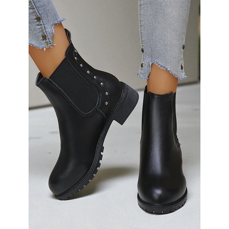 Women's Black Chelsea Boots with Low Heel and Studded Details – Classic Slip-On Ankle Boots for Daily Wear4