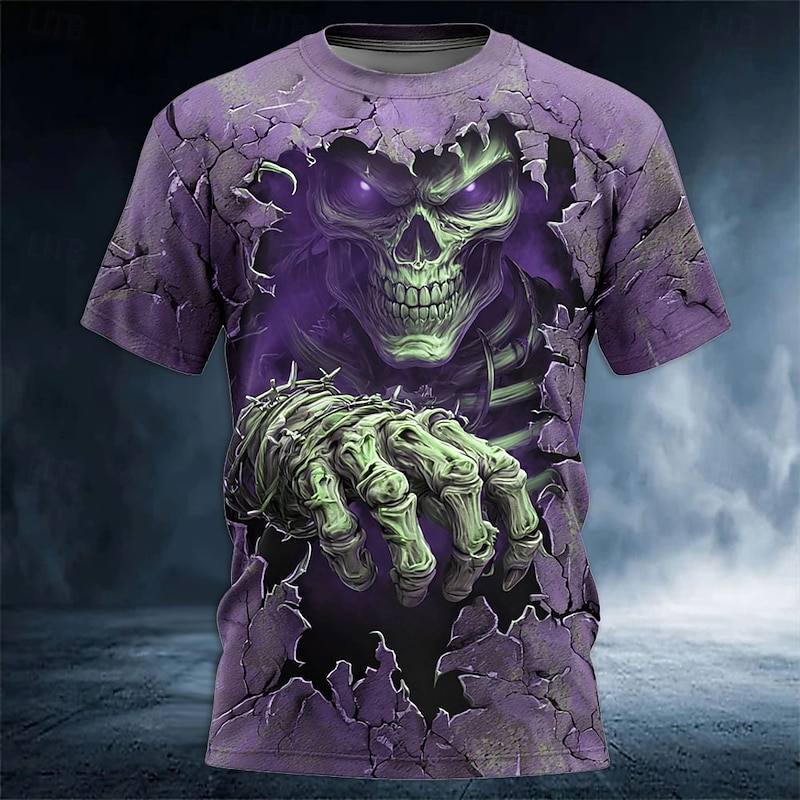 Halloween Men's Optical Illusion Grim Reaper 3D T Shirt Short Sleeve T shirt 3D Print Crew Neck Shirt Exaggerated Designer Horror Party Street Holiday Lake Blue Red Blue Summer Spring All Seasons4