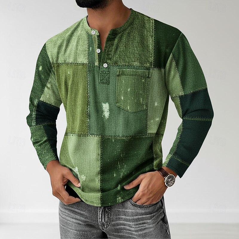 Men's Patchwork Henley Shirt T shirt Tee Long Sleeve Retro Vintage Casual Casual Spring Fall All Seasons Blue Green Purple Gray Henley Henley T-Shirt2