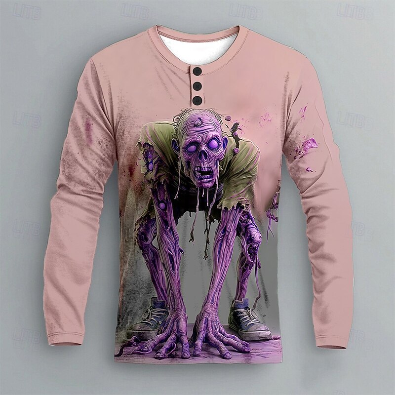 Men's Halloween Zombies Henley Shirt Long Sleeve Fashion Cute Daily Halloween Casual Holiday Spring Fall Spring &  Fall Pink Blue Green Purple Henley Henley T-Shirt3