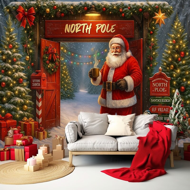 Christmas Wall Tapestry Backdrop, Santa Claus at North Pole with Christmas Tree and Gifts, 2025 Xmas Holiday Wall Hanging for Bedroom Living Room Party and Outdoor3