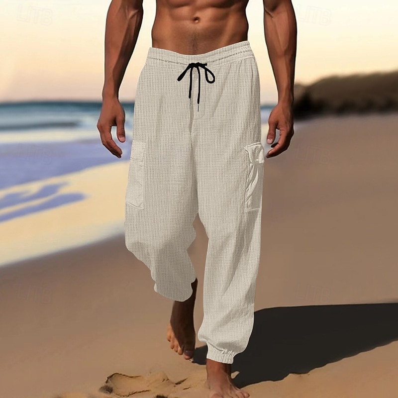 Men's Cargo Sweatpants Sweatpants Waffle Pants Drawstring Plaid Breathable Full Length Daily Casual / Sporty White 1 Black 1# Micro-elastic3