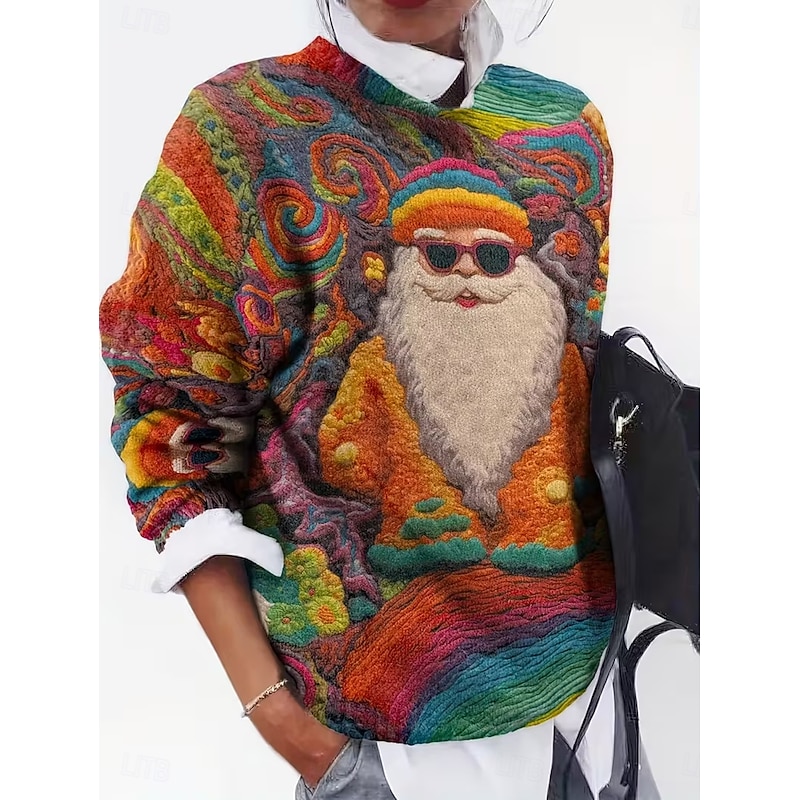 Women's Sweater Pullover Daily Casual Graphic Santa Claus Ribbed Crew Neck Knitted Print Long Sleeve Regular Tops Knit Outdoor Weekend Orange Fall Winter