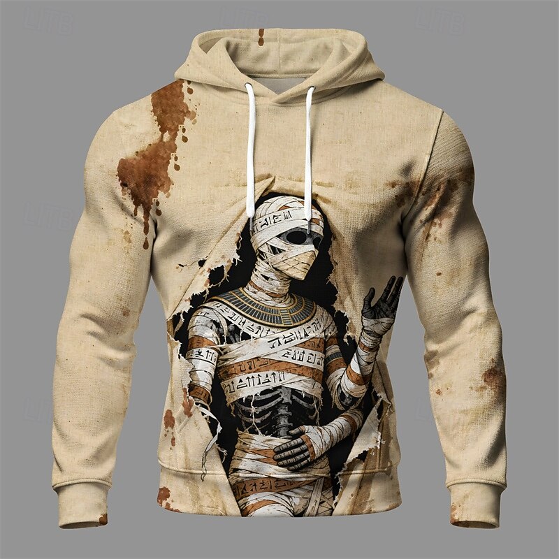 Halloween Men's Skull Hoodie Fashion Daily Hooded Vacation Party Streetwear Khaki Drawstring Pocket Printing Fall Winter Designer