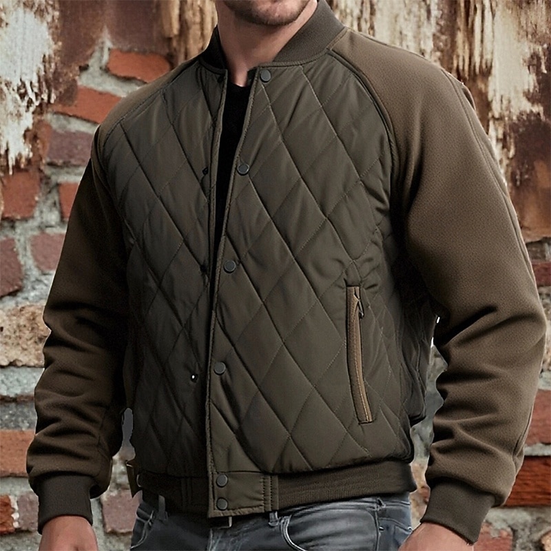 Men's Winter Coat Quilted Jacket Fleece Jacket Parka Pocket Polyster Fleece lined Vacation Daily Wear Date Regular Fashion Casual Comfortable Thermal Warm Fall Winter Solid / Plain Color Camel Green