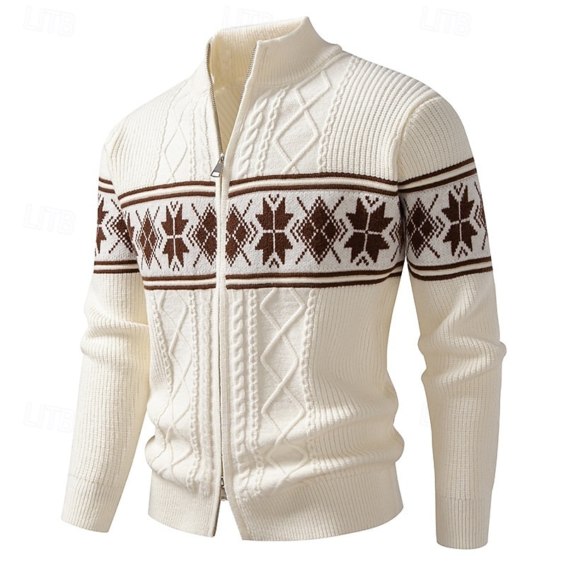Men's Sweater Cardigan Sweater Fair Isle Sweater Ribbed Knit Regular Tops Knitted Plain Stand Collar Vacation Fashion Casual Daily Wear Clothing Apparel Winter Spring &  Fall Black White M L XL3
