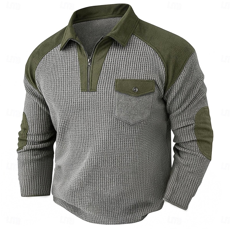 Men's Waffle Tee Waffle Henley Shirt Long Sleeve Lapel Quarter Zip Fall Spring &  Fall Solid Color Fashion Basic Casual Pockets Patchwork Street Casual Sports Black Wine Navy Blue Top Tee for Men2