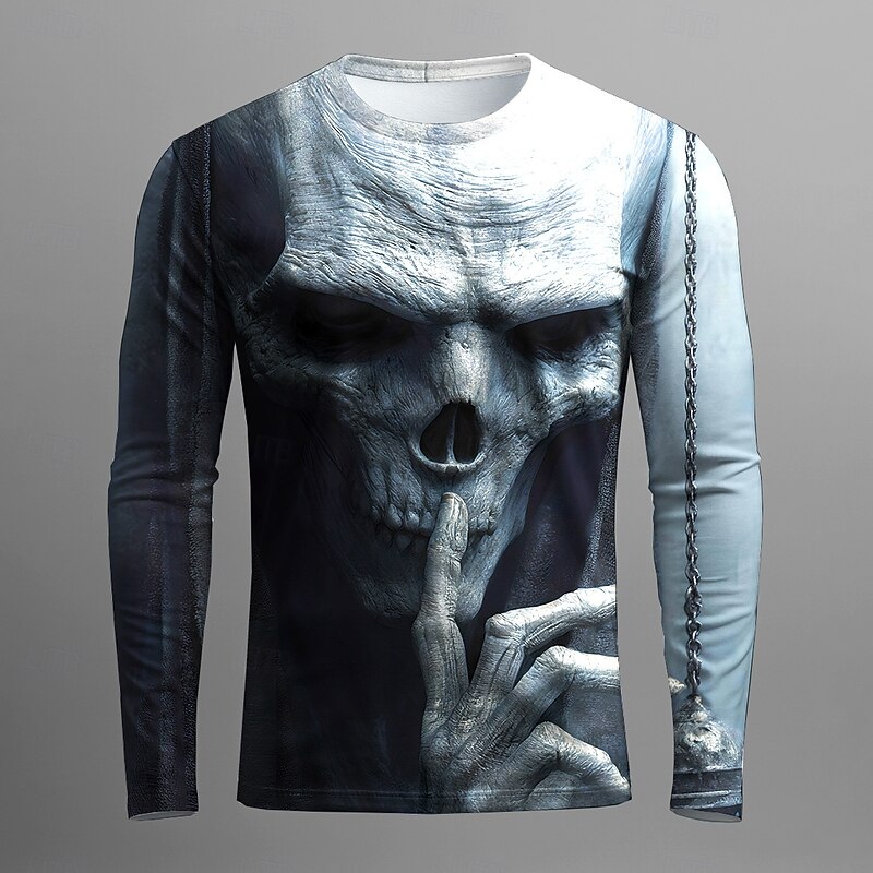 Halloween Men's Skull Optical Illusion 3D T Shirt Long Sleeve T shirt 3D Print Crew Neck Shirt Fashion Exaggerated Street Casual Daily Light Blue Blue Green Summer Spring Fall Clothing Apparel S M L