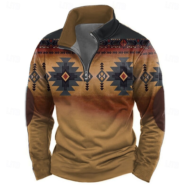 Men's Aztec Sweatshirt Ethnic Vintage Retro High Neck Outdoor Sports Outdoor Blue Dark Green Zipper Quarter Zip Fall Winter Designer