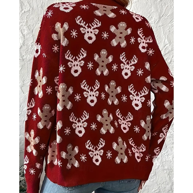Women's Sweater Cardigan Streetwear Casual Floral V Neck Knitted Print Long Sleeve Regular Tops Knit Christmas Daily Holiday Red Fall Winter4