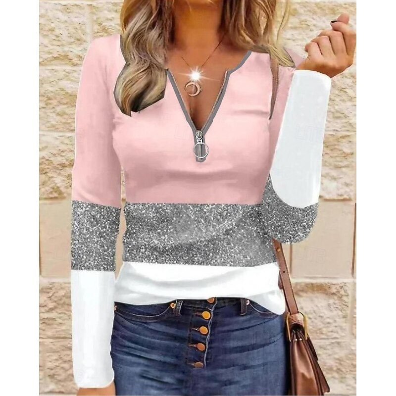 Women's T Shirt Graphic Geometric Color Block Vintage Stylish Classic Long Sleeve V Neck Round Neck Regular Tops Daily Weekend Zipper Print Yellow Pink Blue Purple Spring Fall Winter2