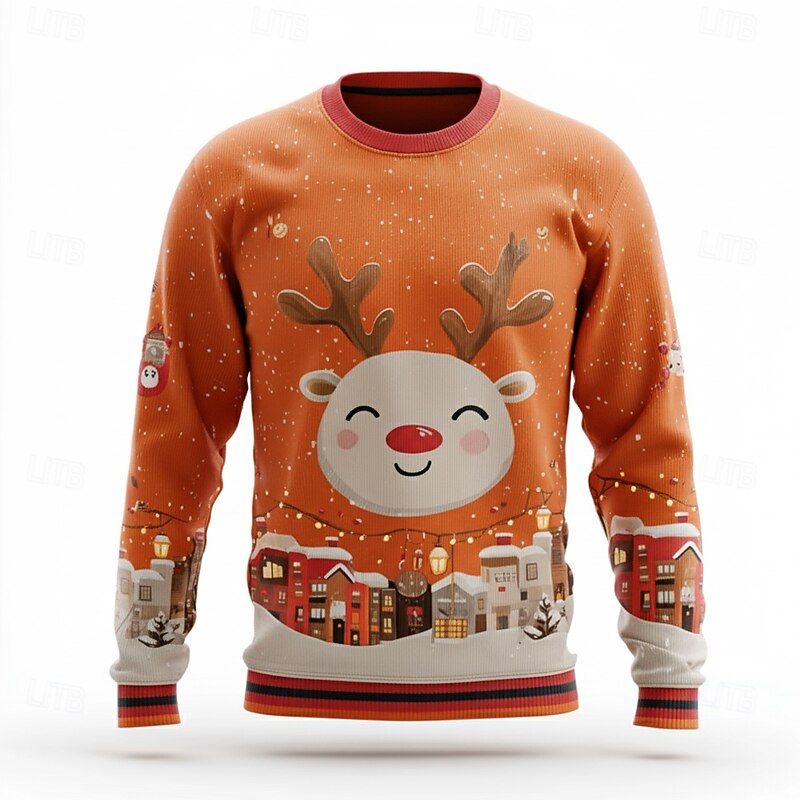 Ugly Christmas Sweater Men's Elk Pullover Sweater Jumper Knitwear Crewneck Casual Vacation Daily Festival 3D Print Keep Warm Long Sleeve Spring Fall Winter Black Red Orange2