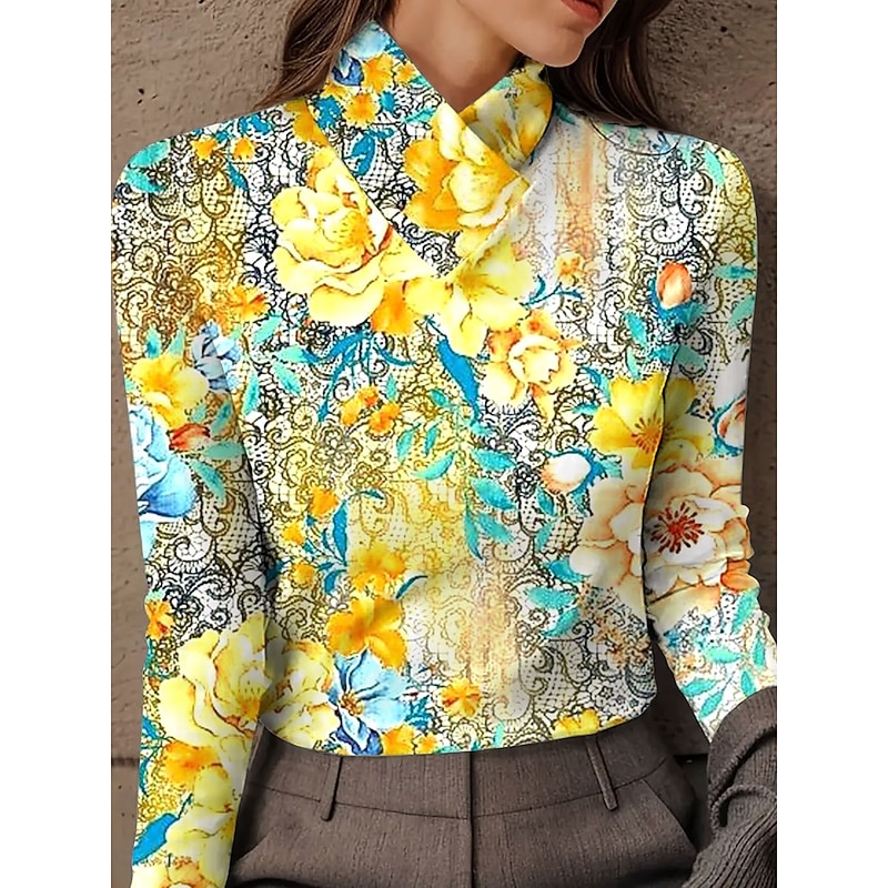 Women's T Shirt Floral Graphic Plants Elegant Vintage Stylish Long Sleeve High Neck Asymmetric Neck Regular Tops Daily Print Yellow Blue Spring Fall Winter