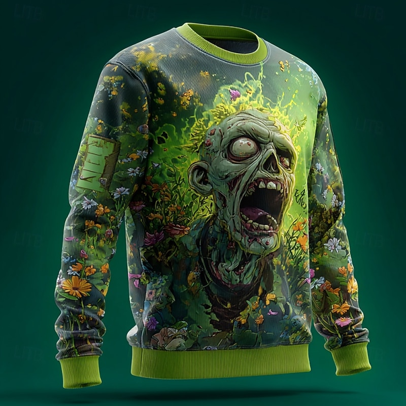 Halloween Men's Zombies Pullover Sweater Jumper Knitwear Crewneck Casual Dark Vacation Street Daily 3D Print Knit Keep Warm Long Sleeve Spring Fall Winter Green 1# Green 2# Green 3#