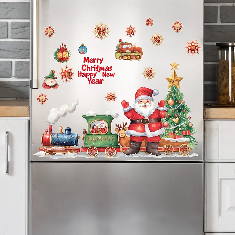 Christmas Sticker Wall Decals Cartoon Santa Claus Train Christmas Tree Gift Removable Vinyl Mural Holiday Party Background Wall Decoration For Bedroom Living Room2