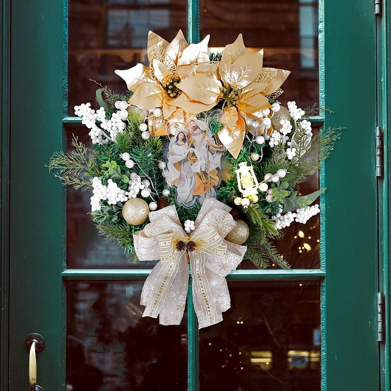 Christmas Wreath for Front Door Nativity Indoor & Outdoor Decoration, LED Gold Lantern Wreath, Illuminated Christian Holiday Flower Garland for Window, Wall, Door Display