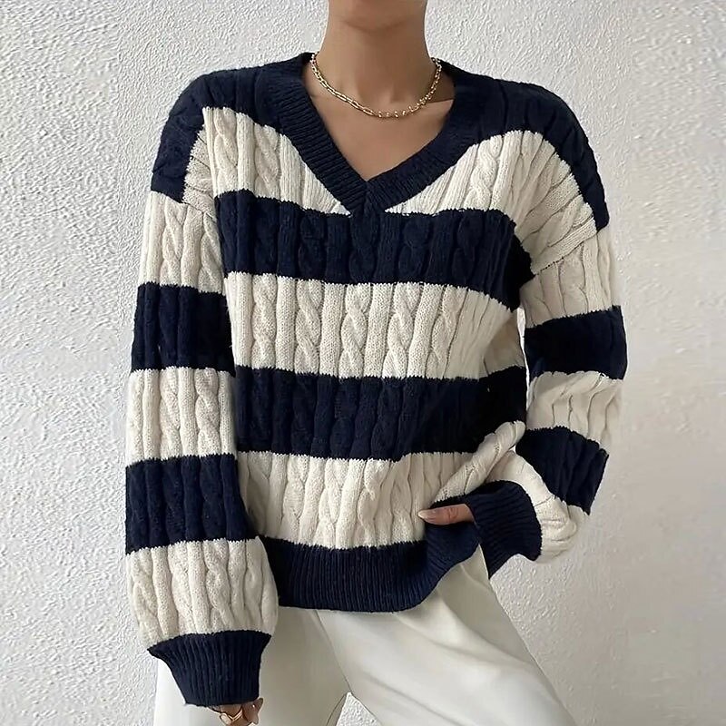 Women's Sweater Pullover Streetwear Casual Striped Cable V Neck Knitted Long Sleeve Regular Tops Knit Daily Holiday Going out Royal Blue Fall Winter4