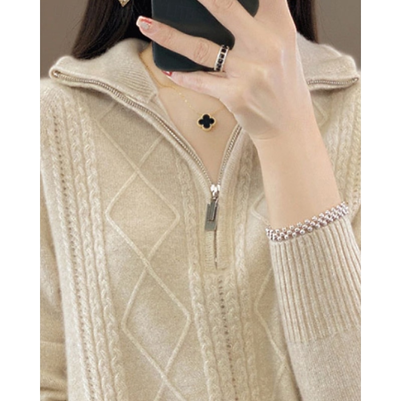 Women's Sweater Pullover Fashion Casual Pure Color Ribbed Half Zip Zipper Knitted Long Sleeve Regular Tops Knit Outdoor Daily Weekend Beige Fall Winter3