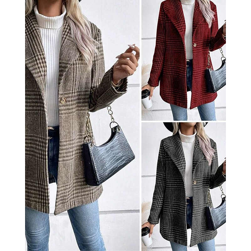 Women's Blazer Comfortable Buttons Elegant Fashion Outdoor Lattice Going out Casual Daily Weekend Single Breasted Regular Lapel Regular Fit Long Sleeve Outerwear Red Camel Gray Spring Fall