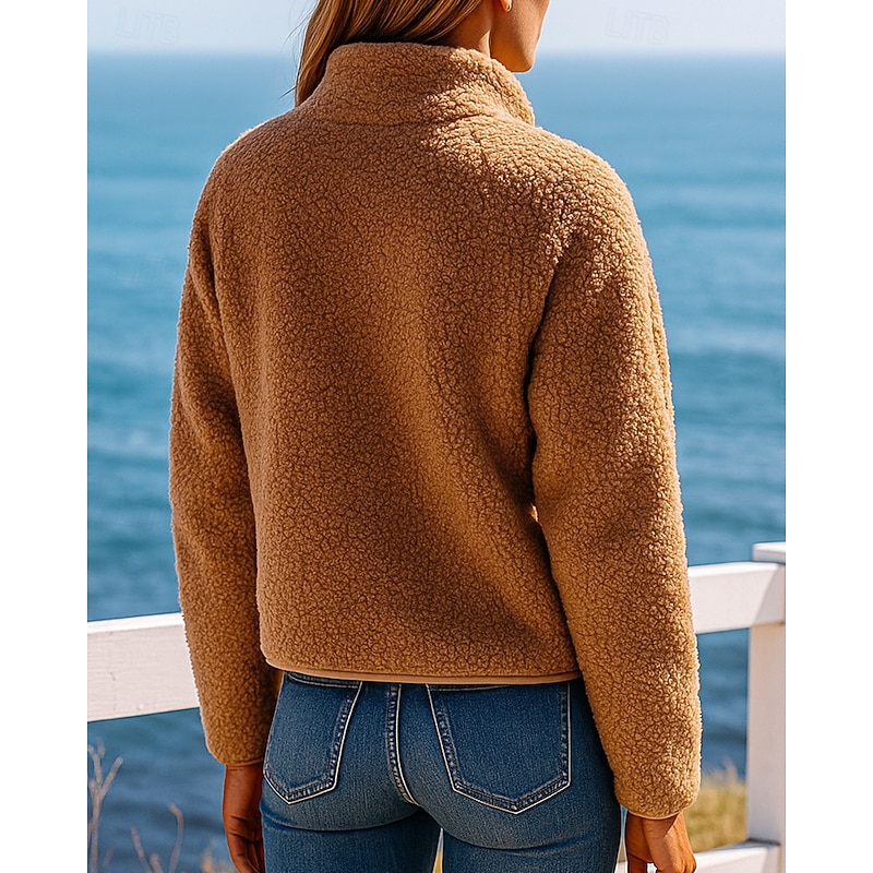 Women's Fleece Jacket Winter Coat Puffer Jacket Zip Up Long Sleeve Top Athleisure Solid Colored Windproof Warm Outdoor Travel Sports Sportswear Activewear Black White Pink2