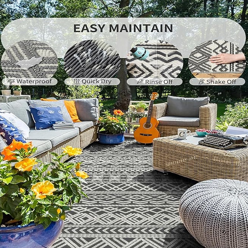 Outdoor Mat - Heavy-Duty Plastic Straw Indoor/Outdoor Mat, Beige & Brown Floral pattern, Non-Slip Patio Mat for Deck, RV, Camping, Balcony, Backyard - Easy-Clean Floor Protection, Outdoor Rugs High Qu4