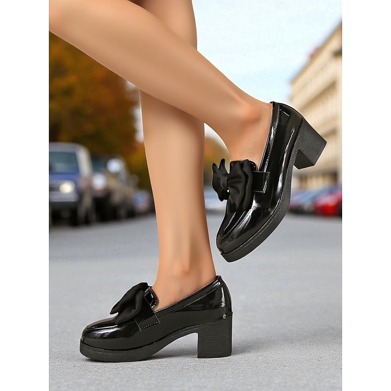 Women's Patent Faux Leather Chunky Heel Loafers with Oversized Bow – Retro Style Dress Shoes for Outdoor Casual Activities and Daily Streetwear2