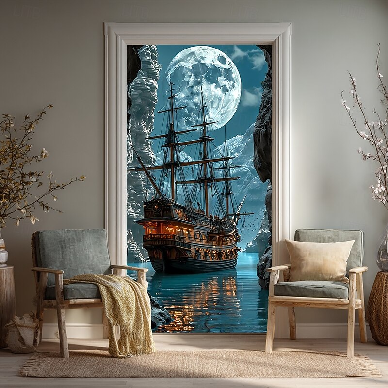 Tapestry Door Cover Outdoor Banners Moon Pirate Ship Fantasy Mystic Bedroom Living Room Teens Room College Dorm Guys Man Cave Frat Bedroom Home Decor3