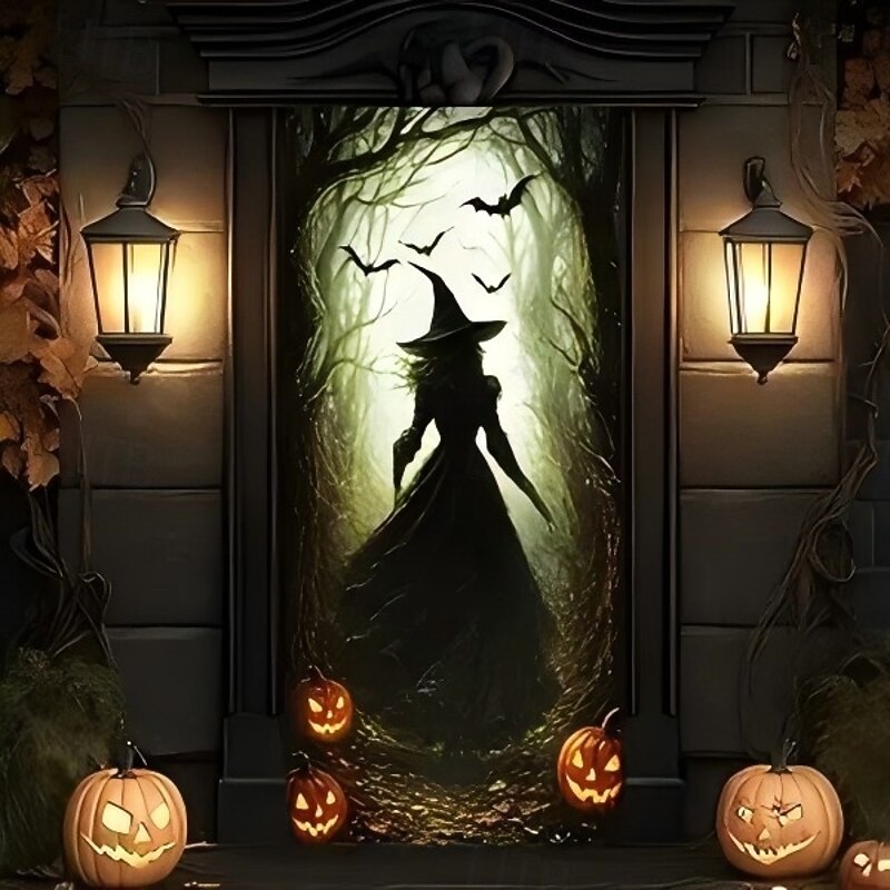 Halloween Door Covers Dark Witch Pumpkin Bat Design Door Tapestry Door Curtain Decoration Backdrop Front Door Banner Farmhouse Holiday Party Indoor Outdoor Haunted Halloween Decor Supplies