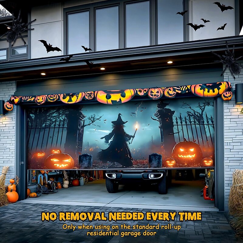 Halloween Garage Door Cover Pumpkin Skull and Bat Castle Banner Haunted House Horror Scene Spooky Backdrop Tapestry for Outdoor Wall Fence Yard Halloween Party Decoration3