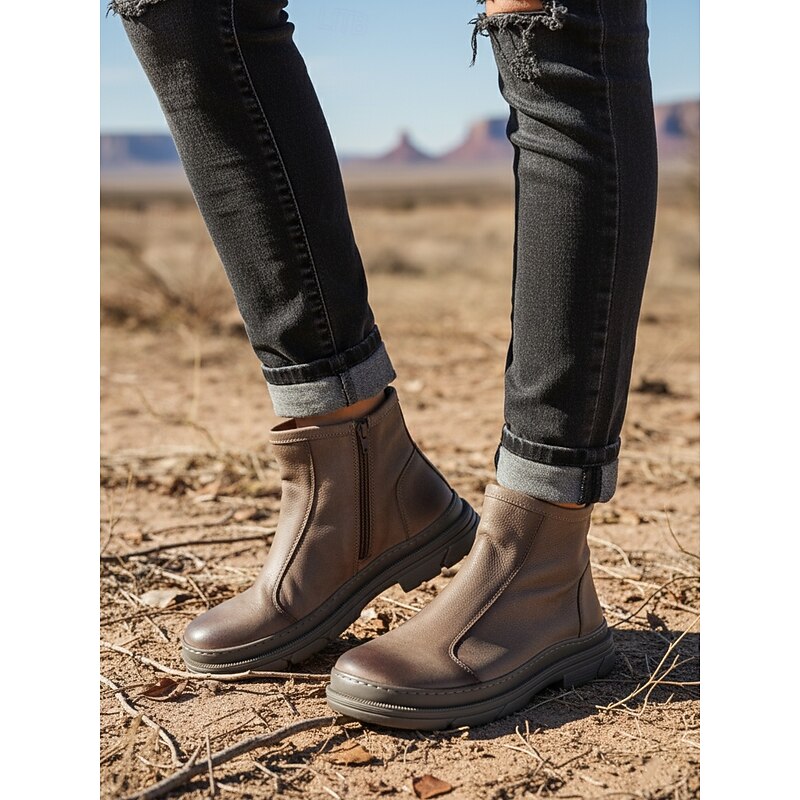 Women's Leather Ankle Boots with Side Zipper and Round Toe, Casual Urban Fashion Footwear for Everyday Wear3