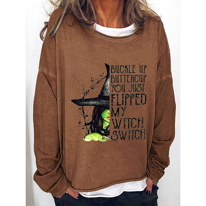 Halloween Women's Sweatshirts Witch Graphic Letter Vintage Fashion Casual Long Sleeve Crew Neck Regular Tops Street Casual Print Blue Brown Green Fall Winter3