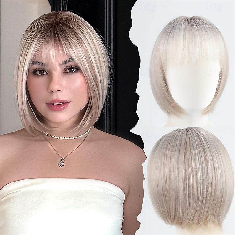 Ash Blonde Bob Wig for White Women  Short Wig Protein Synthetic Fiber 12 Inch Heat Resistant Natural Look Lightweight Daily Wig