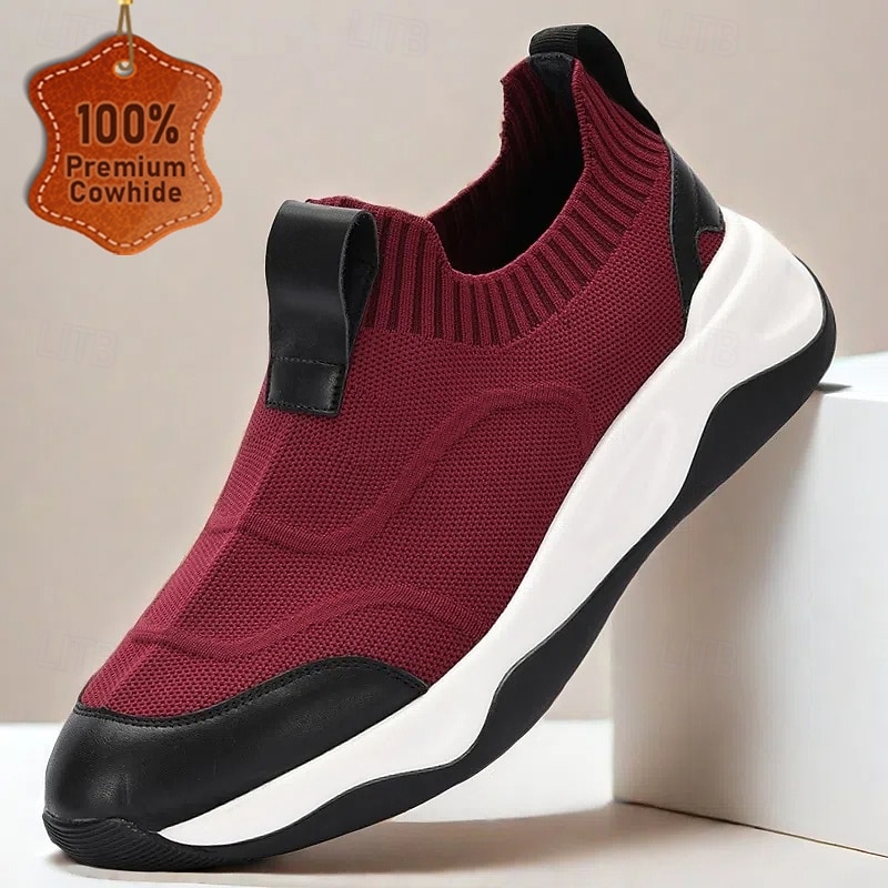 Men's Premium Cowhide Slip-On Sneakers in Burgundy with Knit Upper, Comfortable & Stylish Design for Casual Wear