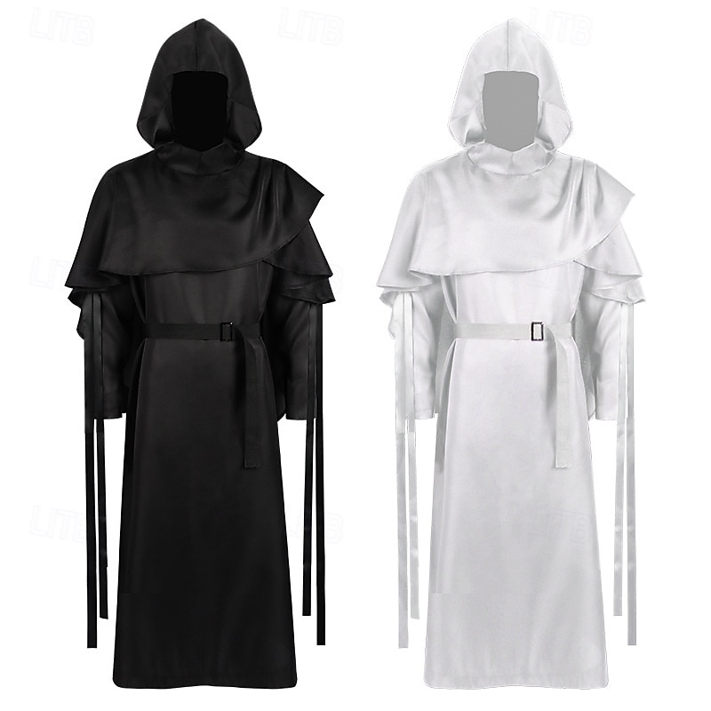 Retro Vintage Medieval Renaissance Robe Hooded Cloak Wizard Monk Fancy Dress Men's Fantasy Halloween Carnival Performance LARP Ren Faire Adults Belt Costume