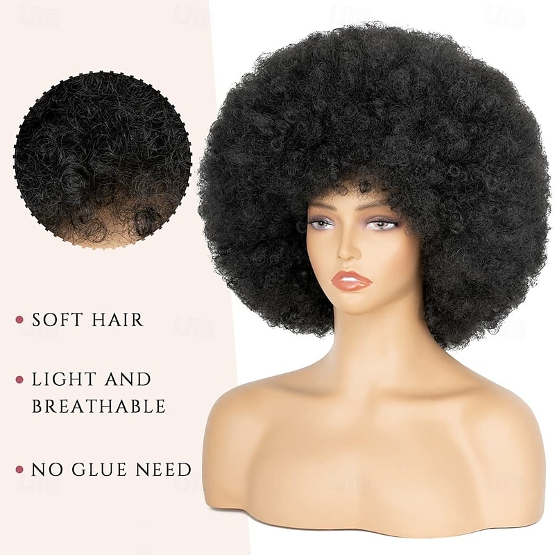 70's Afro Wig for Women Natural Black Short Afro Kinky Curly Wig Glueless Synthetic Wig with Bangs Puffy & Fluffy Bouncy Afro Wig for Daily Cosplay Party3