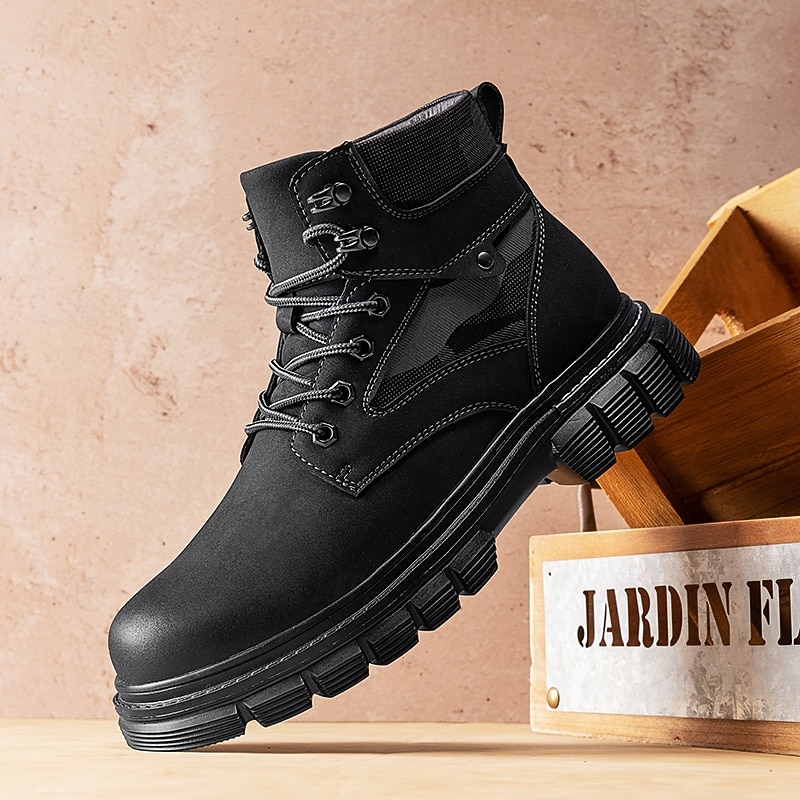 Black Faux Leather Men's Lace-Up Boots with Chunky Sole and Military Style – Perfect for Harley Riders, Punk Rockers, Casual Wear and Trendy Street Fashion
