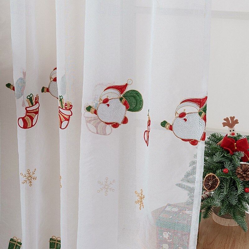 New American Style Christmas Curtain, Santa Embroidered Sheer Drapes, Blackout Rectangular Window Treatment, Finished Fabric Home Decoration4