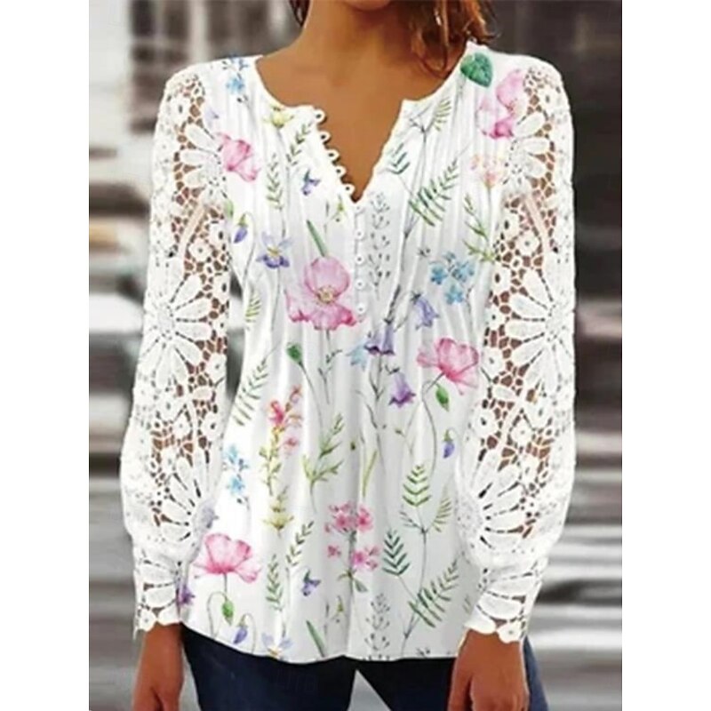 Women's Lace Shirt Blouse Floral Elegant Stylish Basic Long Sleeve V Neck Regular Tops Daily Lace Buttons Print White Blue Sky Blue Purple Spring Fall2